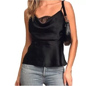 Lulus Women's Size Small Black Satin Cami Top with Inner Eyelash Lace Panel